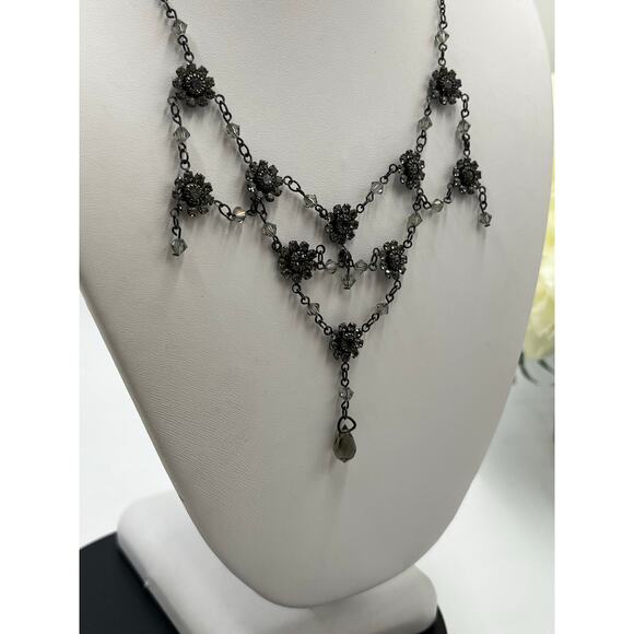 Bellagio Black Gothic Multi Tier Ornate Floral Crystal Bib Statement Necklace - Picture 10 of 11